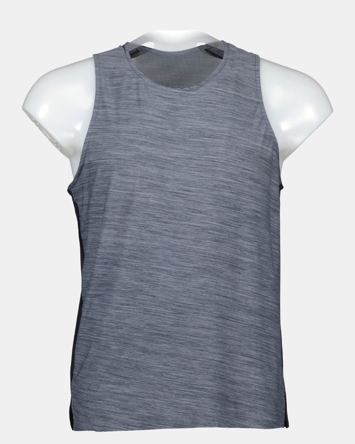 Tank top sportif gris chiné sur mannequin plastique, fond gris